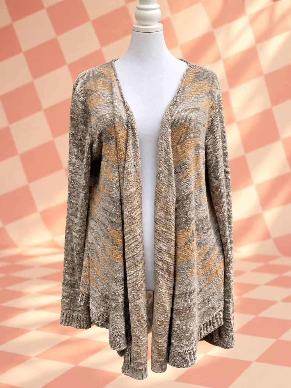 Maurices 1X Metallic Geometric Cardigan Gray Tan Open Front Sweater